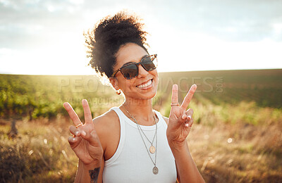 Buy stock photo Black woman smile, peace hand sign and happy countryside nature at summer sunset. African American girl, portrait of calm young beauty and happiness on a travel holiday trip to South Africa wine farm