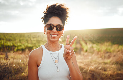 Buy stock photo Peace sign, travel and black woman on safari holiday during summer in Kenya. Portrait of a happy, relax and African girl with hand for photo, adventure and happiness on vacation in the countryside