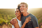 Love, countryside and couple smile, smile and bonding together on a sunny wine farm field and nature agriculture. Interracial, summer and happy man and happy woman on a travel vacation trip in Italy