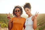 Women, friends and happy with hands show peace on road trip, travel or vacation together. Black woman, smile and sign language showing harmony outdoor in happiness, solidarity and relax in summer