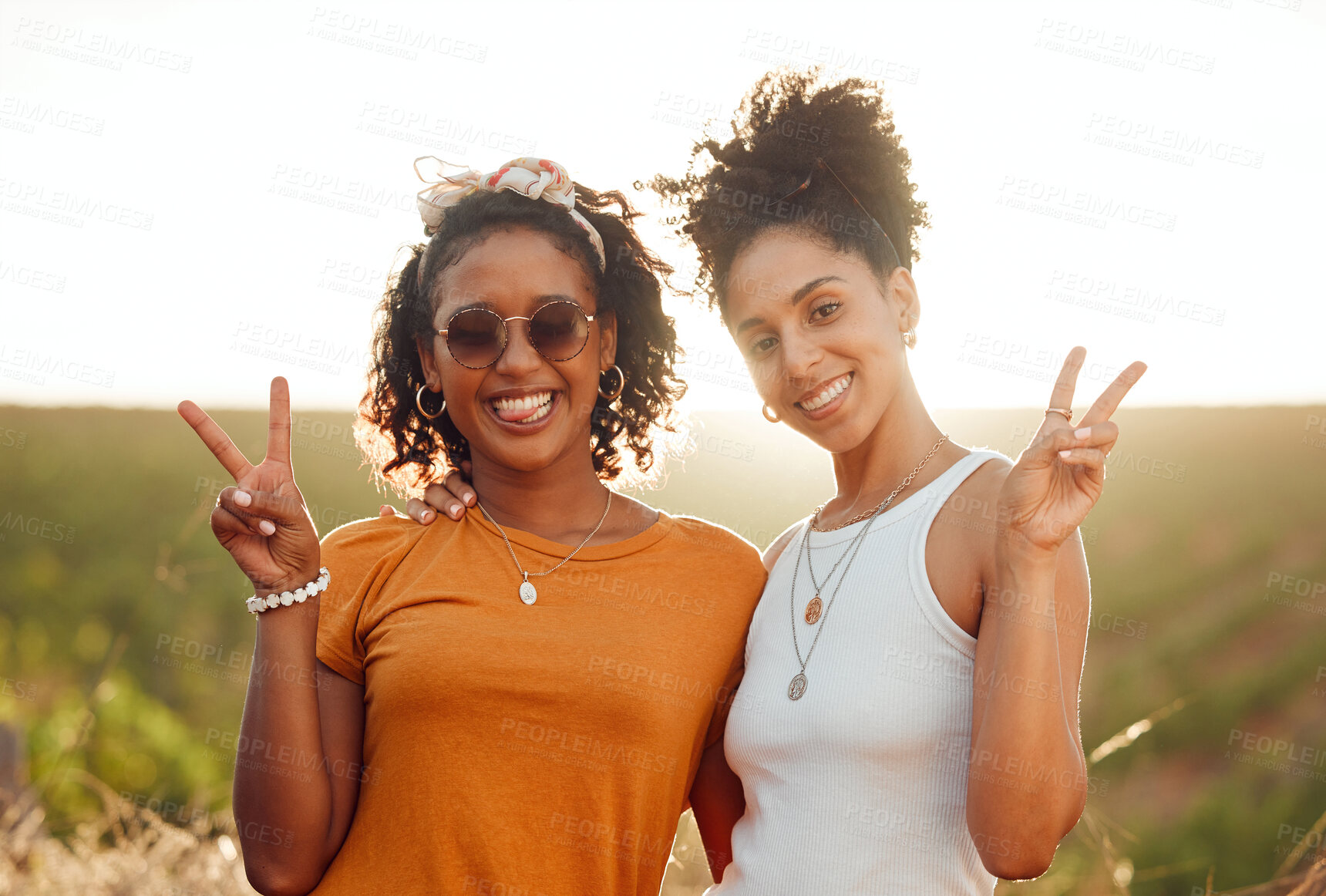 Buy stock photo Women, friends and happy with hands show peace on road trip, travel or vacation together. Black woman, smile and sign language showing harmony outdoor in happiness, solidarity and relax in summer