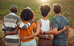 Diversity, friends and together hug, friendship and love on a countryside farm in France. People relax, back and summer people on holiday vacation in nature, vineyard or outdoor during sunset