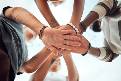 Buy stock photo Support, community and teamwork with hands of friends from bottom for goals, vision or networking together. Motivation, collaboration and growth with circle of people for mindset, mission or contact