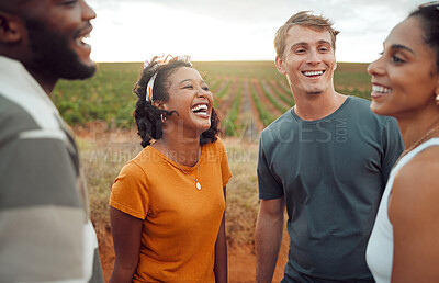Buy stock photo Friends, group and travel while happy on road trip in countryside, nature and farm together for fun, relax and vacation. Diversity, comic and laughing on agriculture land on holiday in summer