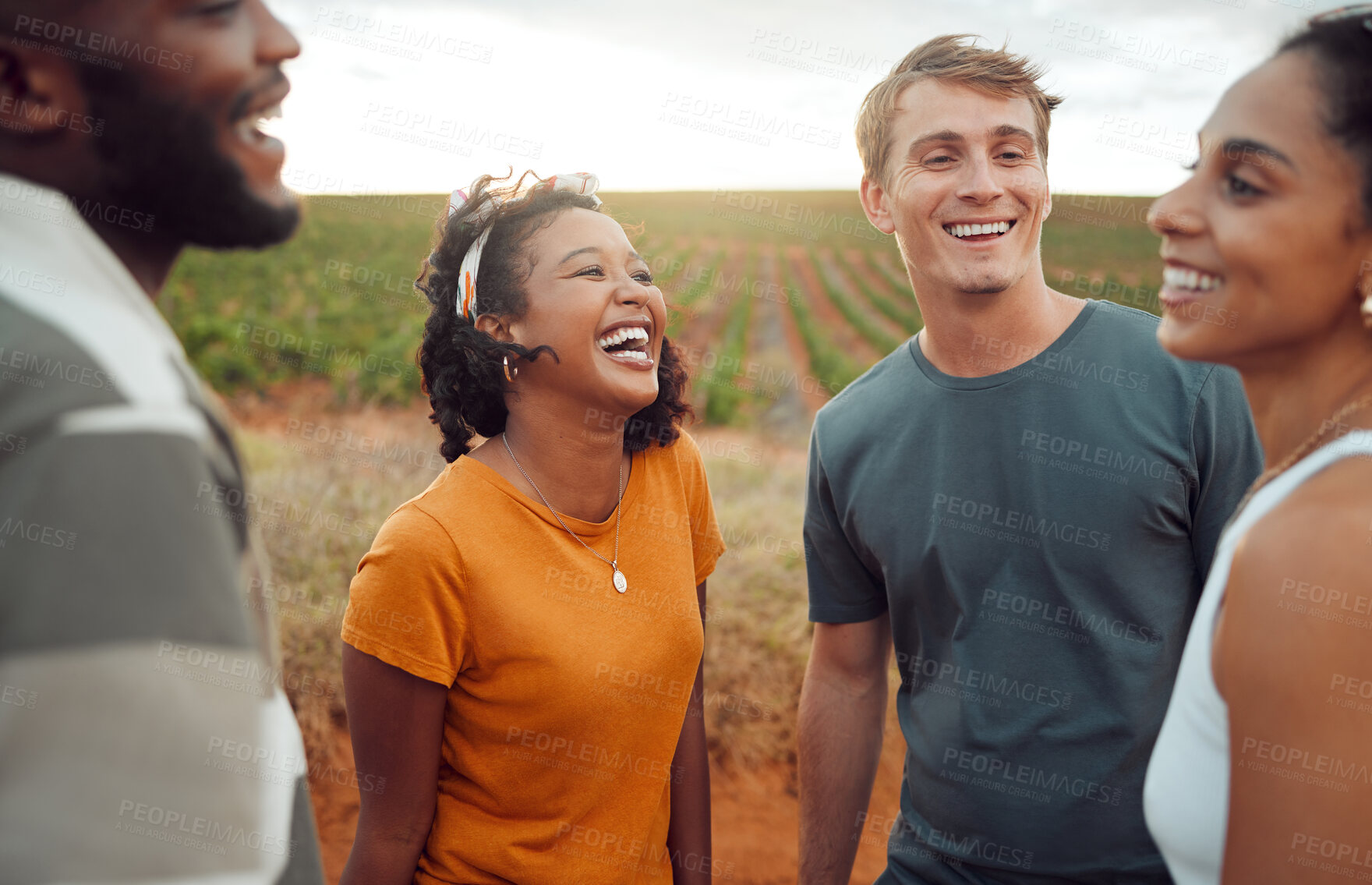 Buy stock photo Friends, group and travel while happy on road trip in countryside, nature and farm together for fun, relax and vacation. Diversity, comic and laughing on agriculture land on holiday in summer