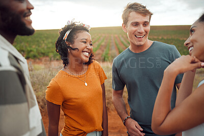 Buy stock photo Communication, comic and friends talking in nature while on holiday together in summer. Group of young, happy and funny people speaking during travel, adventure and walk in countryside on vacation