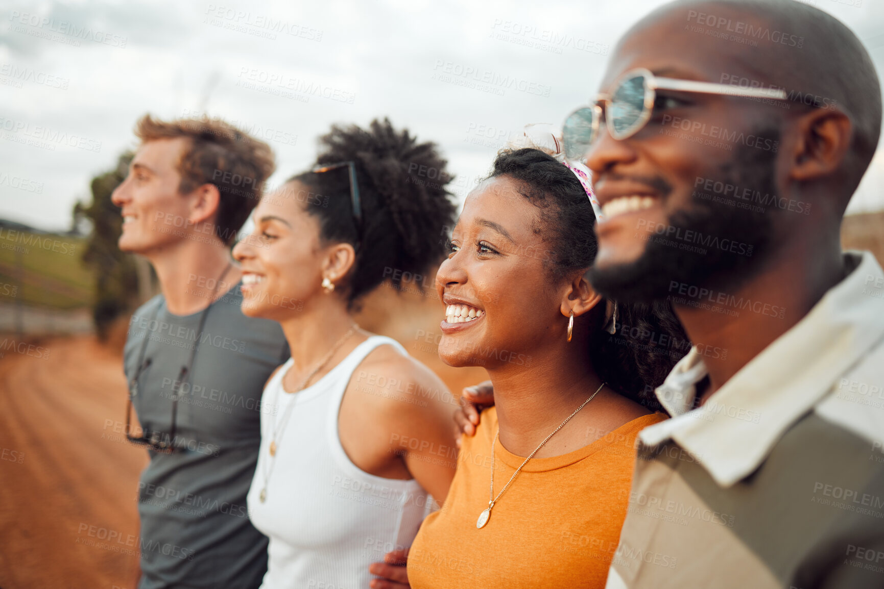 Buy stock photo Friends, road trip and smile of happy people enjoying a view outdoor with happiness. Diversity of friend group standing together feeling calm about travel showing community, joy and care
