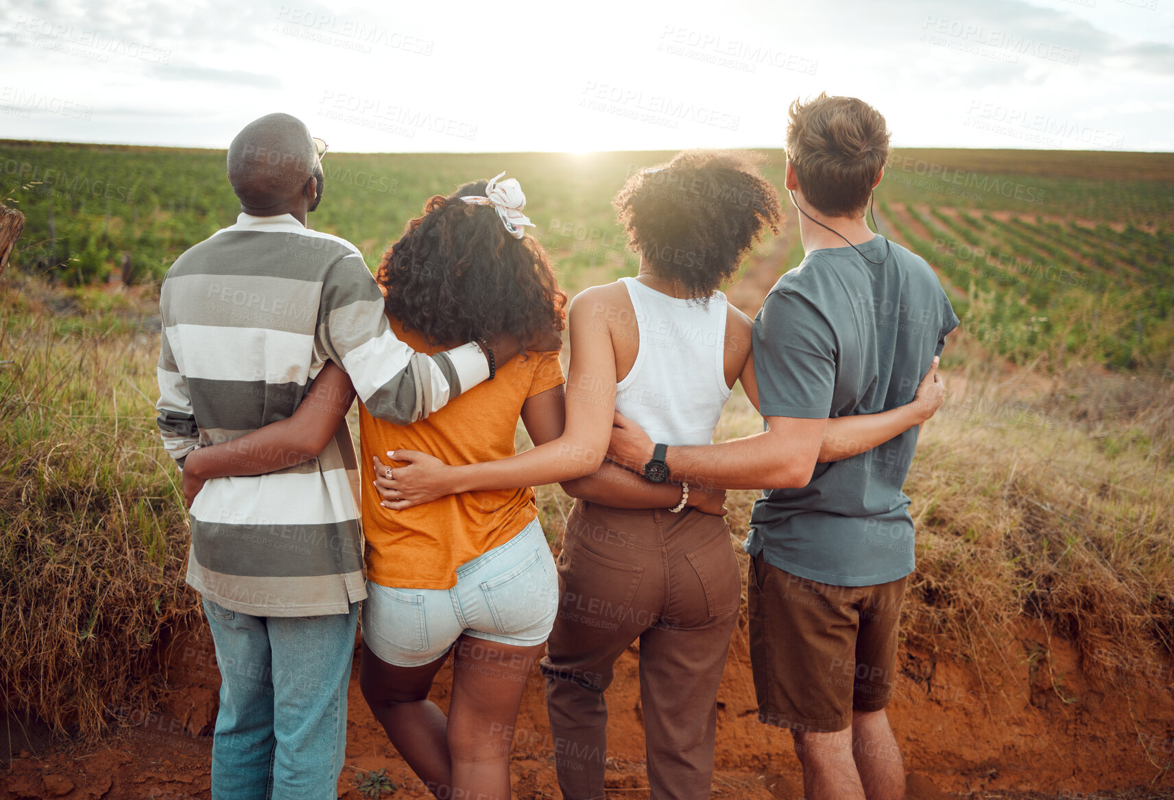 Buy stock photo Vineyard, ecology and travel people hug on sustainability farm for nature journey, countryside experience or outdoor adventure lifestyle. Group friends care for ecology, agriculture and earth day