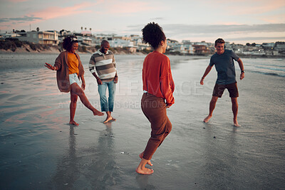 Buy stock photo Water, feet and friends at a beach at sunset, celebrating their freedom and friendship while bonding in nature. Travel, fun and diverse people laughing and being silly together in Los Angeles ocean