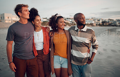 Buy stock photo Diversity, friends and happy with view at beach together on holiday, road trip and getaway being calm and peaceful. Ocean, diverse couples and have fun at seaside vacation, smile and enjoy to travel.