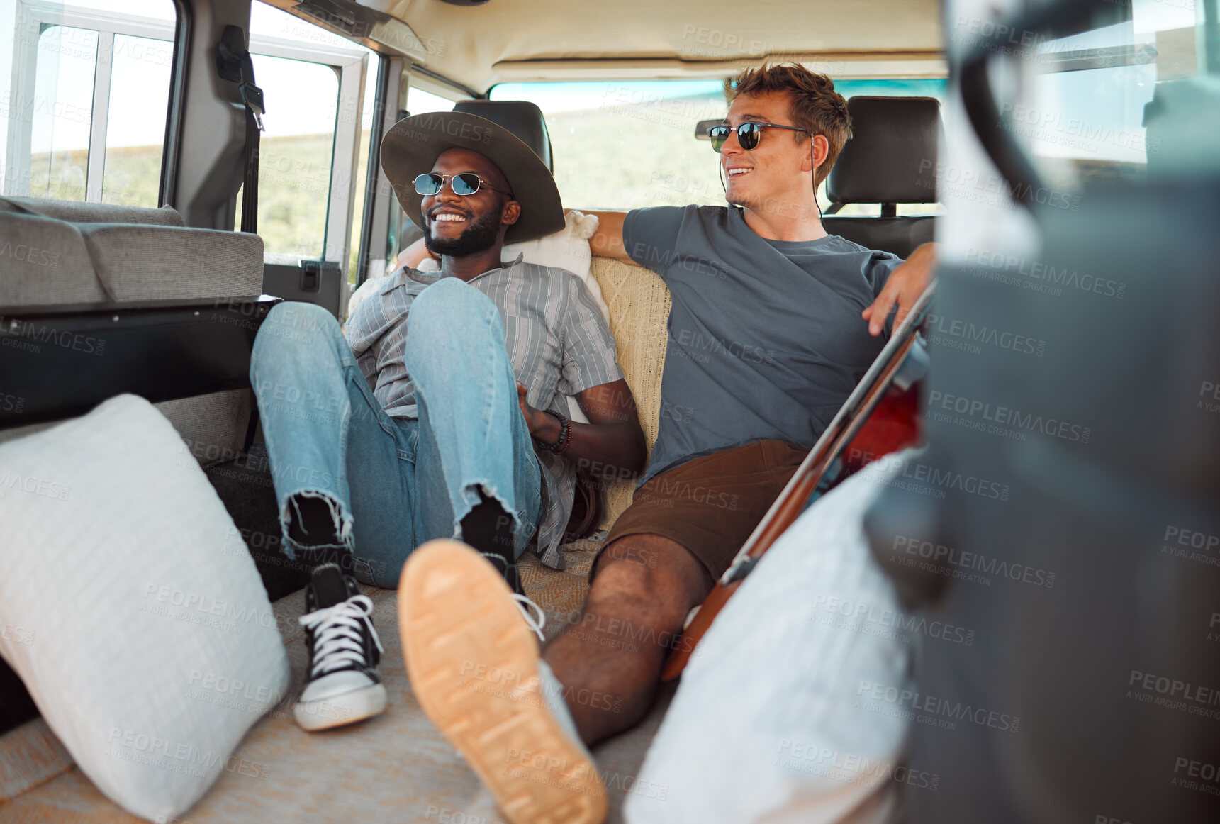 Buy stock photo Car road trip, diversity and friends relax together on fun adventure, travel journey or holiday in Canada. Motor transport, friendship and happy gen z men on vacation for peace, freedom and wellness