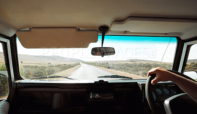 Buy stock photo Road trip, car and travel with hand driving in countryside for transportation, adventure or road safety. Motor van driver on asphalt nature journey with dashboard, steering wheel and windshield pov