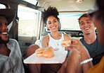 Car, road trip and diversity friends with food, burger or snacks for SUV transportation journey in Australia. Van travel adventure, happy friendship or hungry relax group of people eating fast food