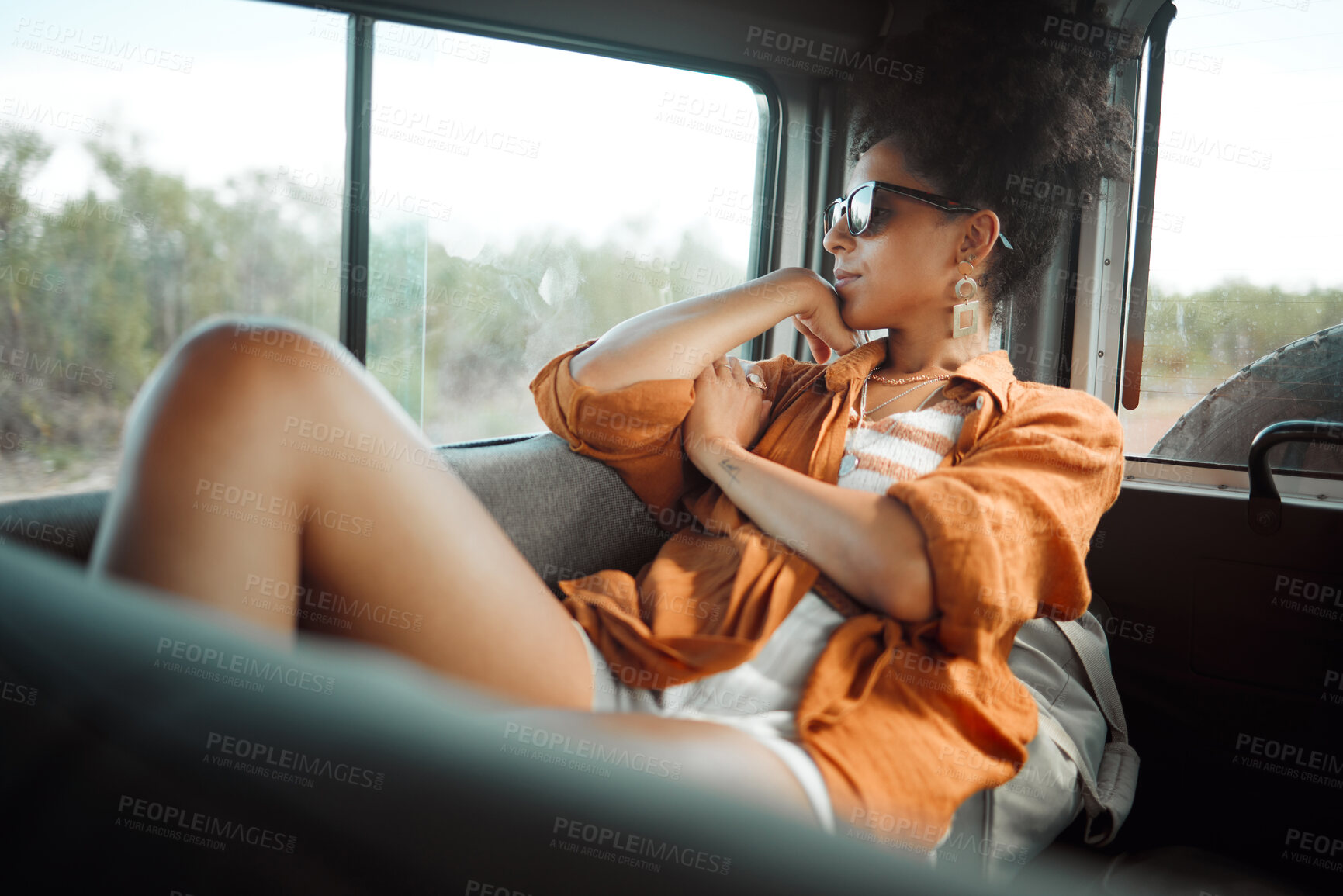 Buy stock photo Road trip, countryside and travel woman in van thinking about holiday adventure, journey or nature love. Calm and relax passenger girl with sunglasses at caravan window for natural drive or transport