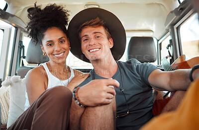 Buy stock photo Couple, road trip or bonding in camper travel on safari game drive in nature desert environment or Kenya landscape location. Portrait, smile or happy interracial man or black woman on camping holiday