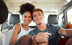 Diversity couple, and in car on holiday being together romantic, bonding and excited for road trip. Love, man and woman travel on vacation, romance break and being loving and in vehicle enjoy getaway