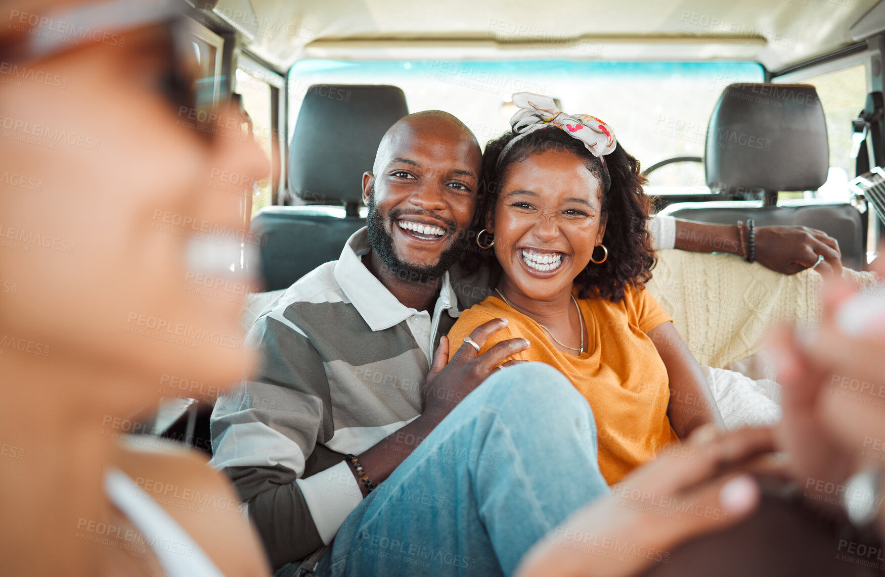 Buy stock photo Couple, travel and happy on vacation road trip with friends, excited, laughing and bonding together in camper. Funny relax, married black man and woman comic jokes while traveling in car
