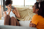 Girl friends, road trip and with camera in van for vacation pose in vehicle on holiday together have fun, bonding and smile. Photograph, women and being happy relax, enjoy travel and weekend getaway.
