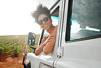 Road trip travel, black woman and car window freedom to relax in van, summer countryside and vacation adventure outdoors. Portrait happy young female sunglasses, driving journey and nature field view