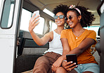 Selfie, road trip and friends live streaming on social media with phone during travel holiday in a van in Jamaica. African women with photo on mobile on vacation in car for camping in summer together