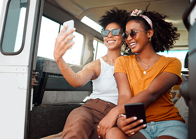 Buy stock photo Selfie, road trip and friends live streaming on social media with phone during travel holiday in a van in Jamaica. African women with photo on mobile on vacation in car for camping in summer together