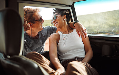 Buy stock photo Travel, happy and road trip love of a couple together ready for a car summer holiday trip. Happiness and smile of a boyfriend and girlfriend relax on a motor transportation drive break in the sun