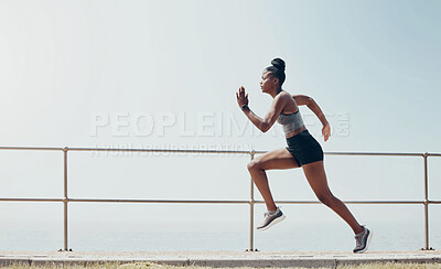 Buy stock photo Sports, running and speed with black woman training in beach park for workout, wellness and health. Motivation, fitness and training for marathon with runner in the morning for summer, fast or energy