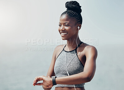 Buy stock photo Fitness, music and running with black woman at the beach and morning workout for health, wellness and exercise. Sports, marathon and training with runner listening to earphones for goals motivation