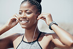 Music, motivation and black woman training for fitness with audio podcast in the city of Australia. Face of an African athlete runner running for cardio exercise while listening to the radio