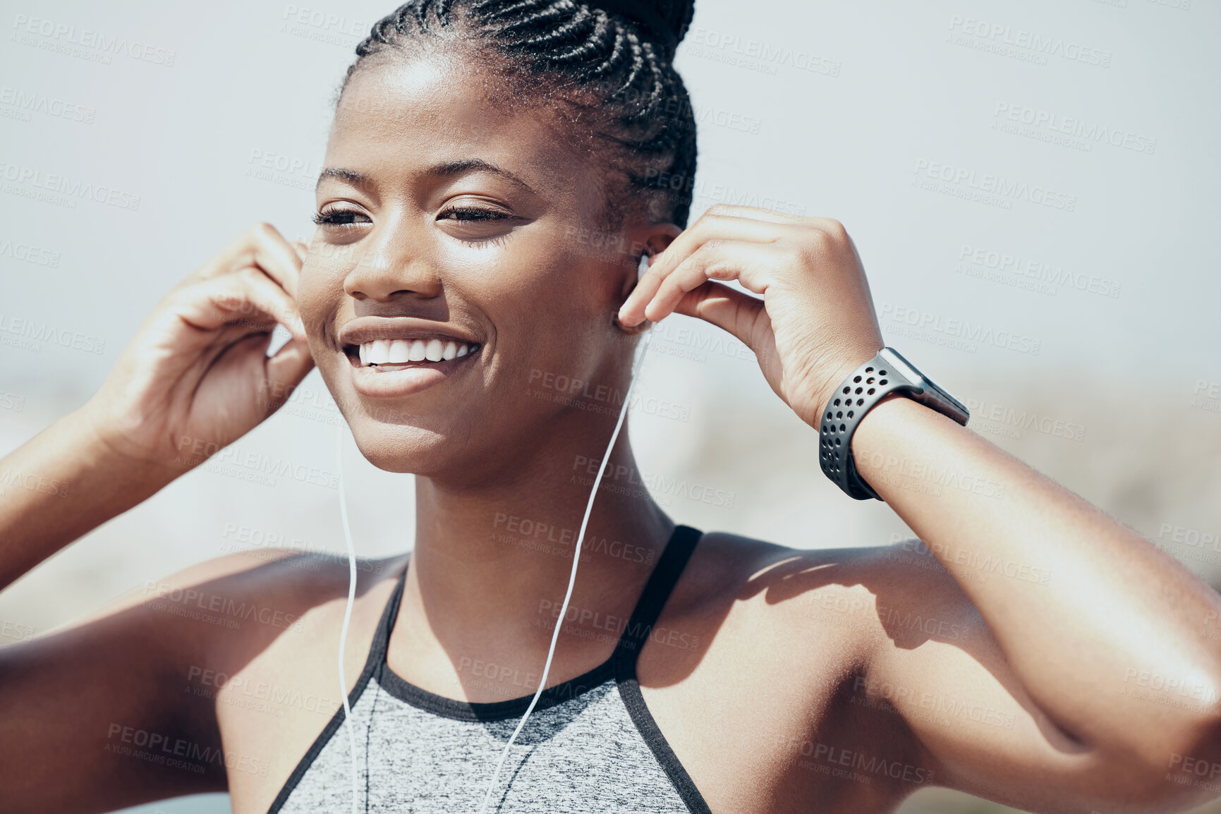 Buy stock photo Music, motivation and black woman training for fitness with audio podcast in the city of Australia. Face of an African athlete runner running for cardio exercise while listening to the radio