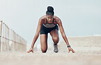 Fitness, runner and woman start running workout along beach, cardio and speed training. Sports, exercise and portrait of black woman prepare for marathon with morning run, serious, focus and intense