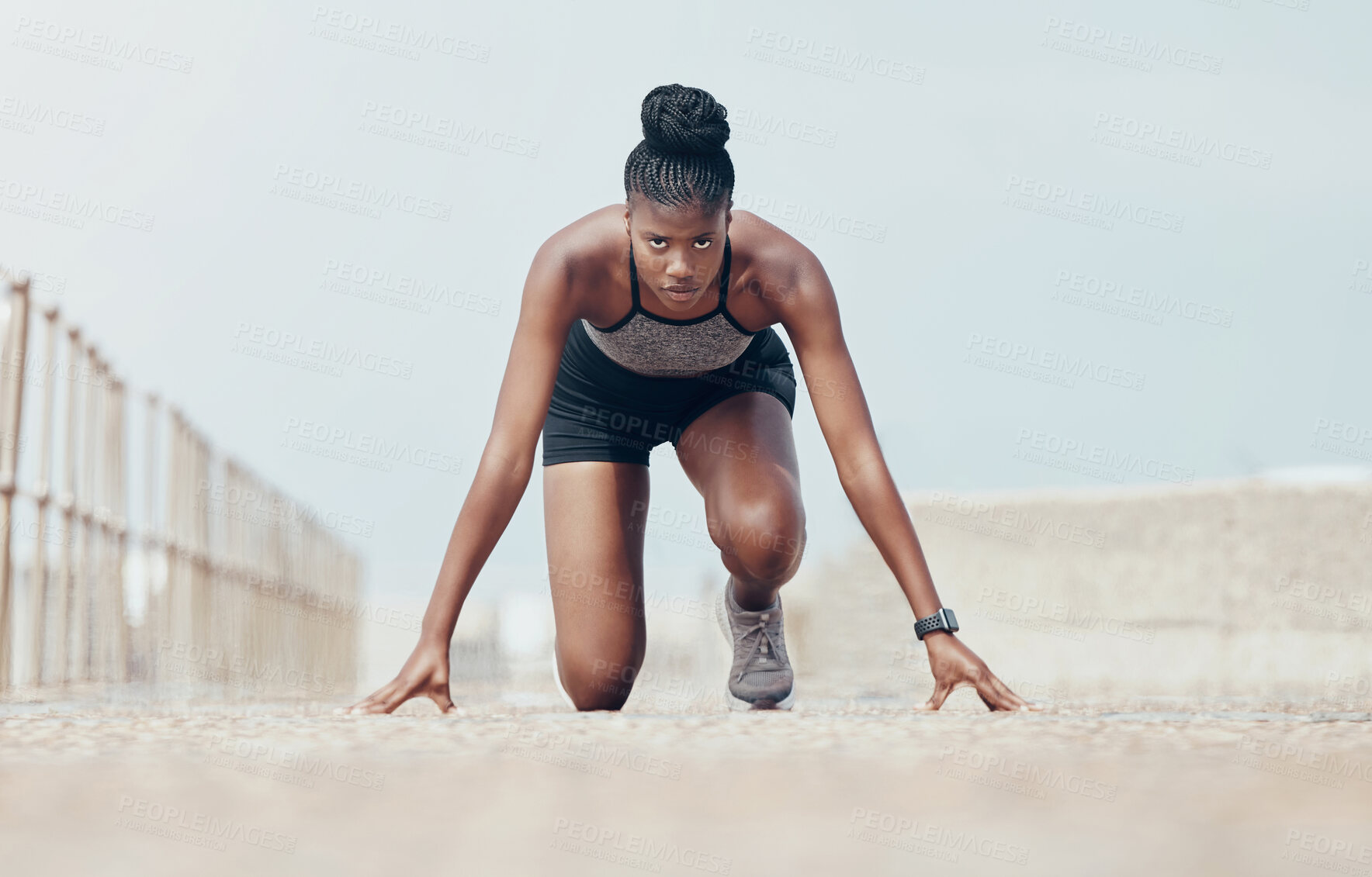 Buy stock photo Fitness, runner and woman start running workout along beach, cardio and speed training. Sports, exercise and portrait of black woman prepare for marathon with morning run, serious, focus and intense