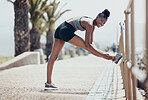 Black woman, smile and running for exercise, workout and fitness outdoor in street in sunshine. Girl, happy and runner training in summer for race, marathon or competition stretch legs in Cape Town