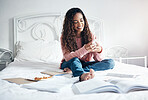 Phone, books and relax woman student break from learning, studying and education exam paper in bed. University or college girl rest with mobile smartphone for online social media and smile at post