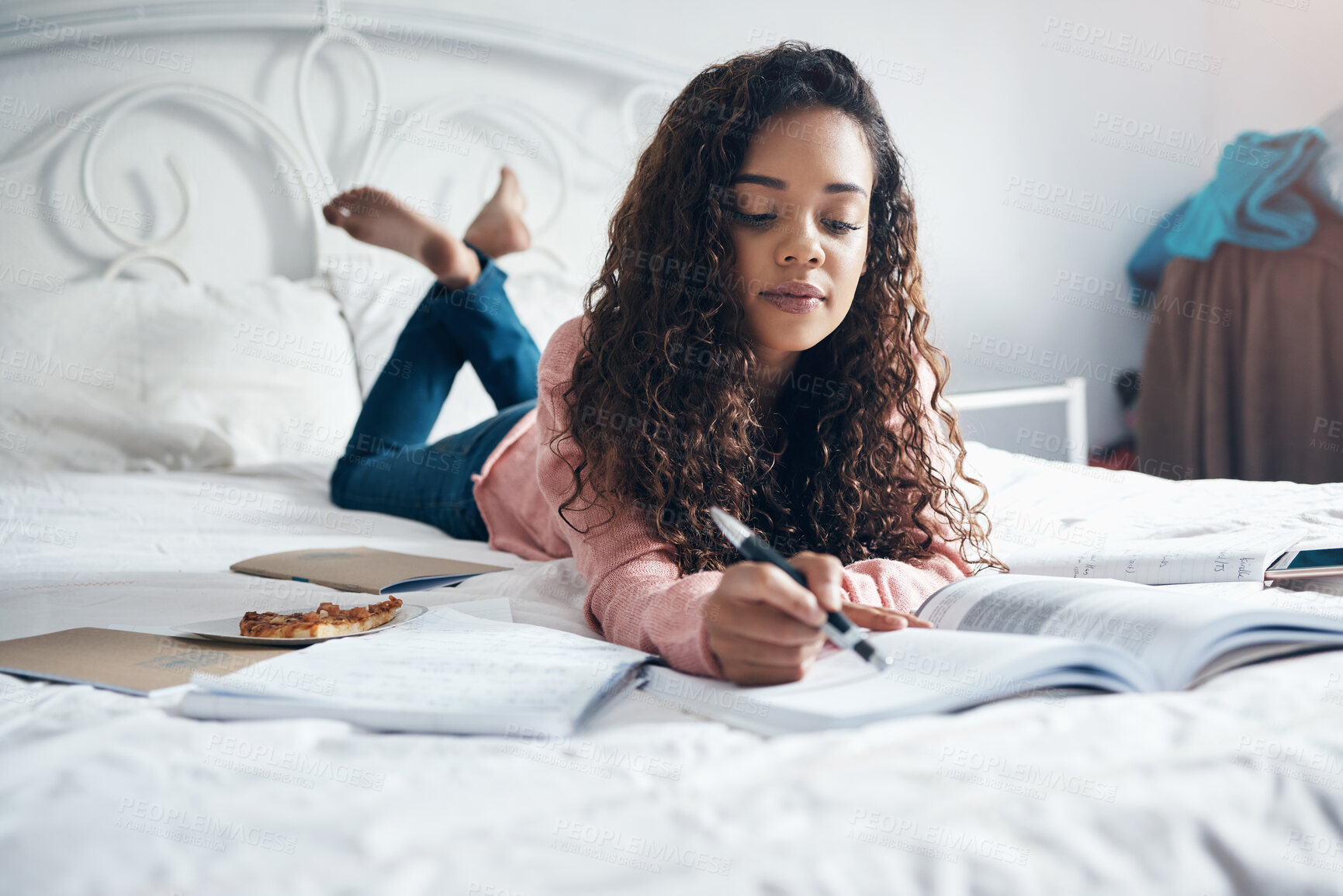 Buy stock photo Student in bed, black woman from Atlanta or planning for education, learning or study for college, school or university. Scholarship, thinking or working on project, notebook or studying in bedroom