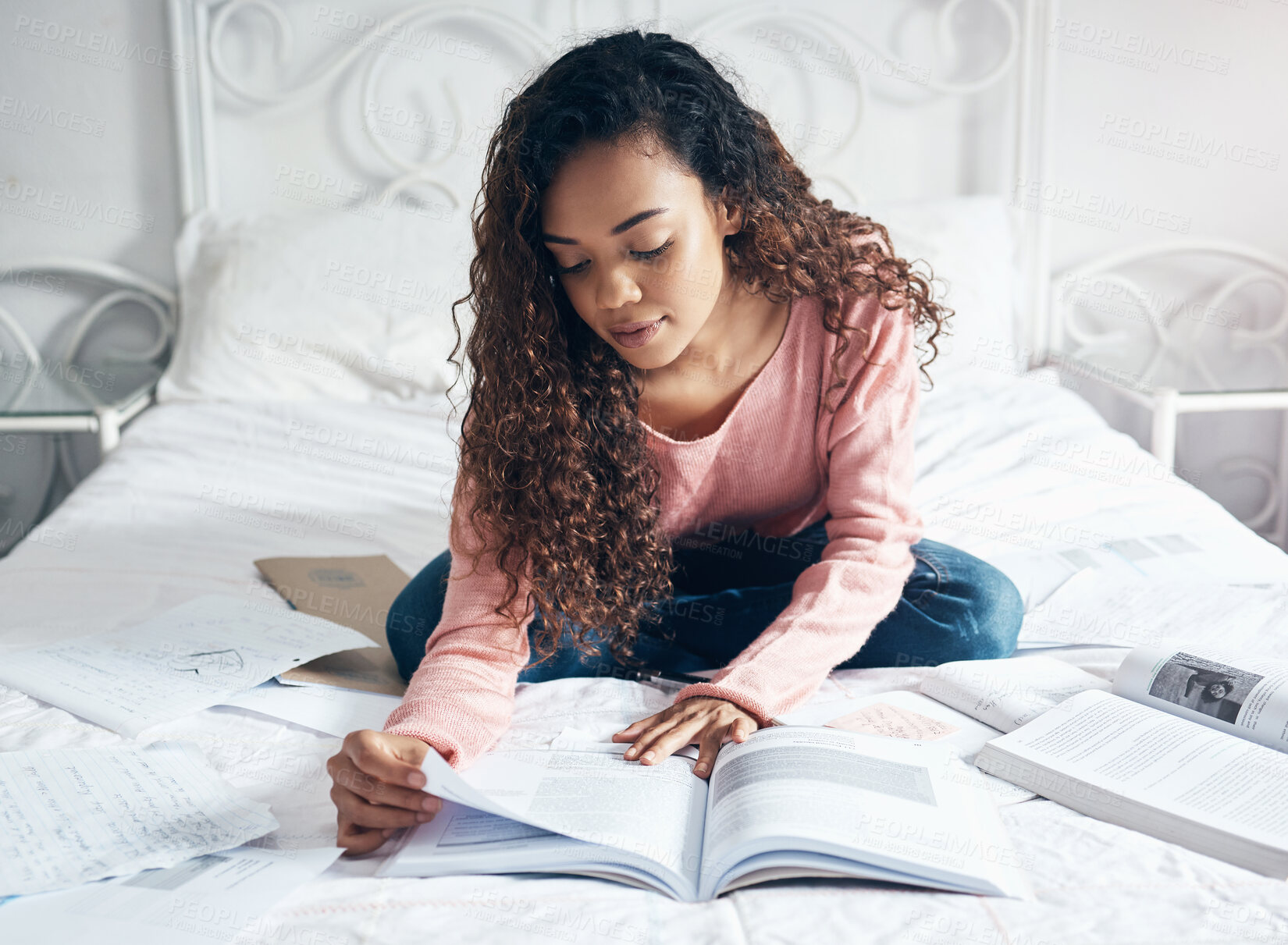Buy stock photo Study, learning and student bedroom bed work of a black woman studying for a university exam. Home working, college book and education scholarship reading of a person in a house feeling calm