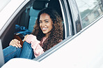 Black woman, car and window smile for road trip, drive or transport. Girl, vehicle and happy for adventure on travel, vacation or drive on road, street or highway for happiness, freedom and relax