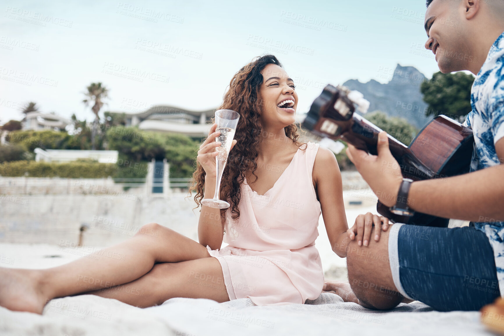 Buy stock photo Love, relax and guitar with couple at the beach with champagne on Cancun vacation for travel, summer and music. Happy, holiday and romance with man and woman on sand for date, youth and relationship 