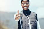 Thumbs up, hiking and woman travel success, motivation and support for outdoor adventure, happy exercise and healthy workout on mountain top. Closeup hands, freedom and wellness achievement in nature