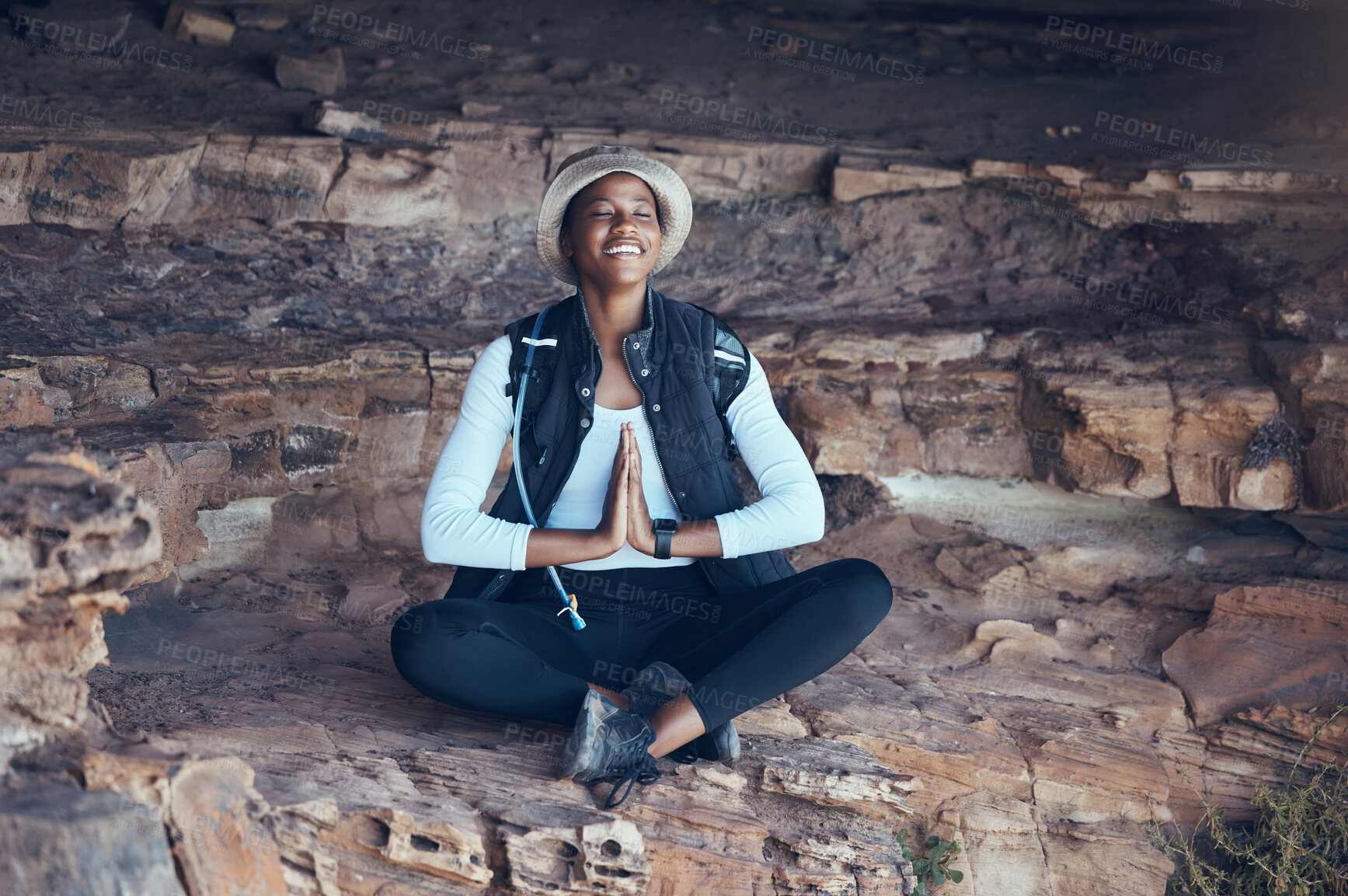 Buy stock photo Nature, yoga and black woman in buddhist meditation cave in Thailand, zen, nature and wellness exercise. Earth, fitness and mountain worship by happy, calm and meditating lady  in yoga pose for peace