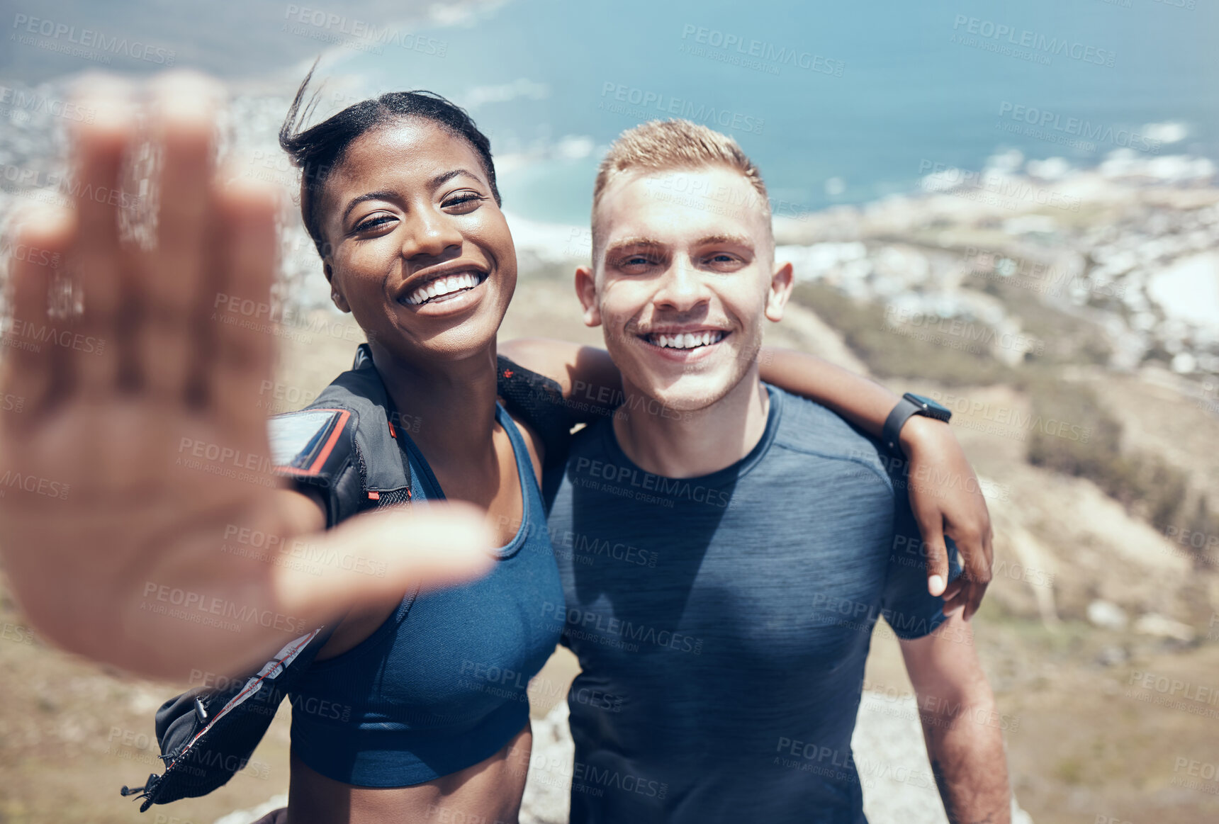 Buy stock photo Interracial couple, selfie or hiking on mountains in nature environment, Monaco landscape or remote countryside hills. Portrait, happy smile or black woman with fitness man in social media photograph