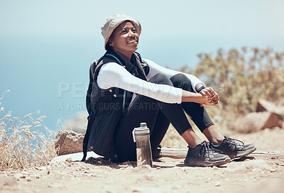 Buy stock photo Black woman, view and hiking break on mountains, countryside environment and remote landscape in Namibia. Smile, happy and relax fitness hiker in exercise, training and health workout rest in nature