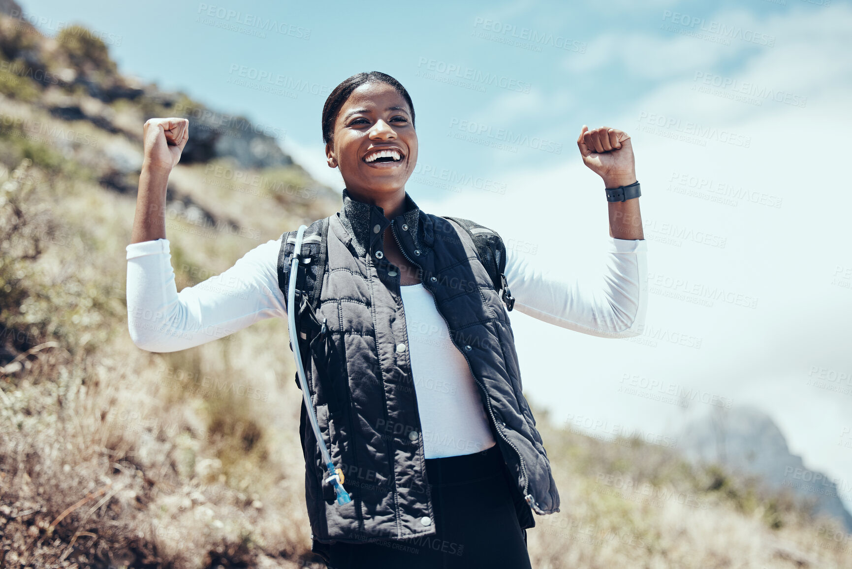 Buy stock photo Hiking, success and black woman on mountain in nature while on an adventure trail on vacation. Freedom, winning and happy African athlete on health, fitness and wellness holiday trip in South Africa.