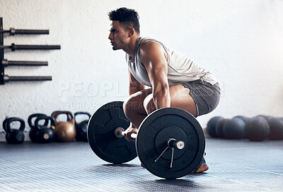 Buy stock photo Workout, weightlifting and man doing deadlift training with strength, weights and motivation in fitness gym. Bodybuilder, sport and strong athlete doing power exercise with a dumbbell at health club 