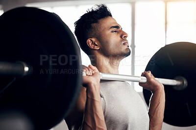 Buy stock photo Barbell exercise, focus and gym man workout, training and fitness of heavy weights, strong mindset and motivation. Indian bodybuilder, male athlete and muscle energy, power challenge and healthy body