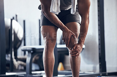 Buy stock photo Knee, legs and joint pain of gym man, athlete and training, workout or exercise in fitness club. Bodybuilder bone fracture problem, muscle injury and accident, health risk and sports trauma emergency