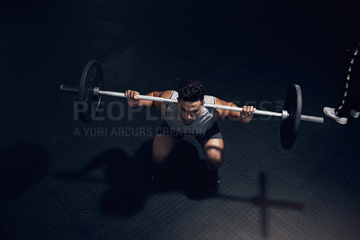 Buy stock photo Barbell squat, dark gym and man sports training, workout and fitness of heavy weightlifting in health club. Above of indian bodybuilder, athlete and body exercise, muscle power and strong motivation