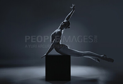 Dance, creative and ballerina with jump in performance against black studio  background. Ballet woman and dancer dancing in theater production, show or  professional competition with mock up space | Buy Stock Photo