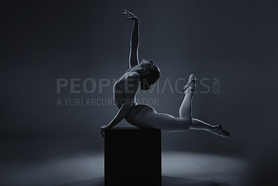 Buy stock photo Ballet, dance and woman ballerina in art pose for a theatre or stage performance with a dark background. Young dancer, creative production and artistic mockup, monochrome and rehearsal for show. 