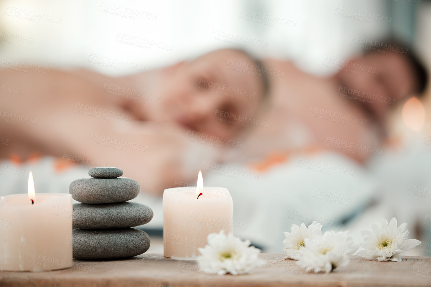 Buy stock photo Background of aromatherapy candles, spa and couple luxury skincare, zen wellness and relax body at vacation salon. Closeup of massage stones, calm space and holistic beauty service for stress relief